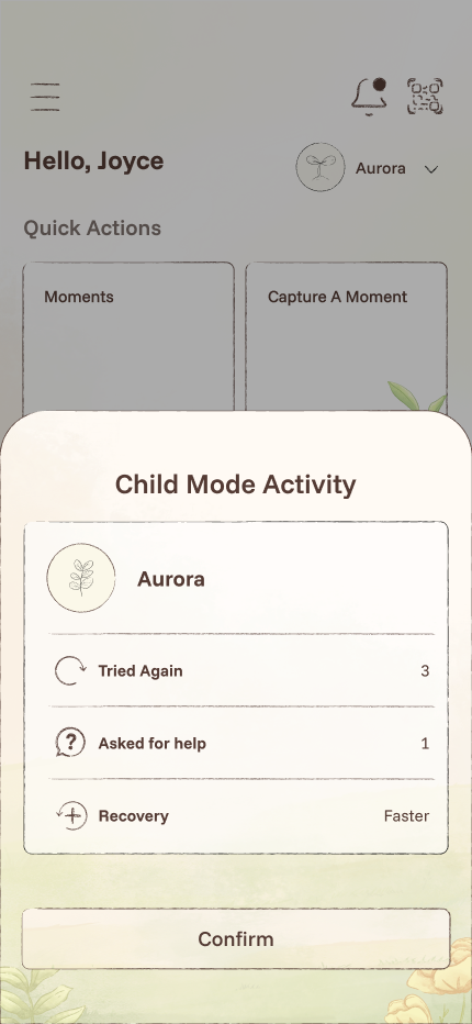 Bảng Child Mode Activity trong trang phụ huynh