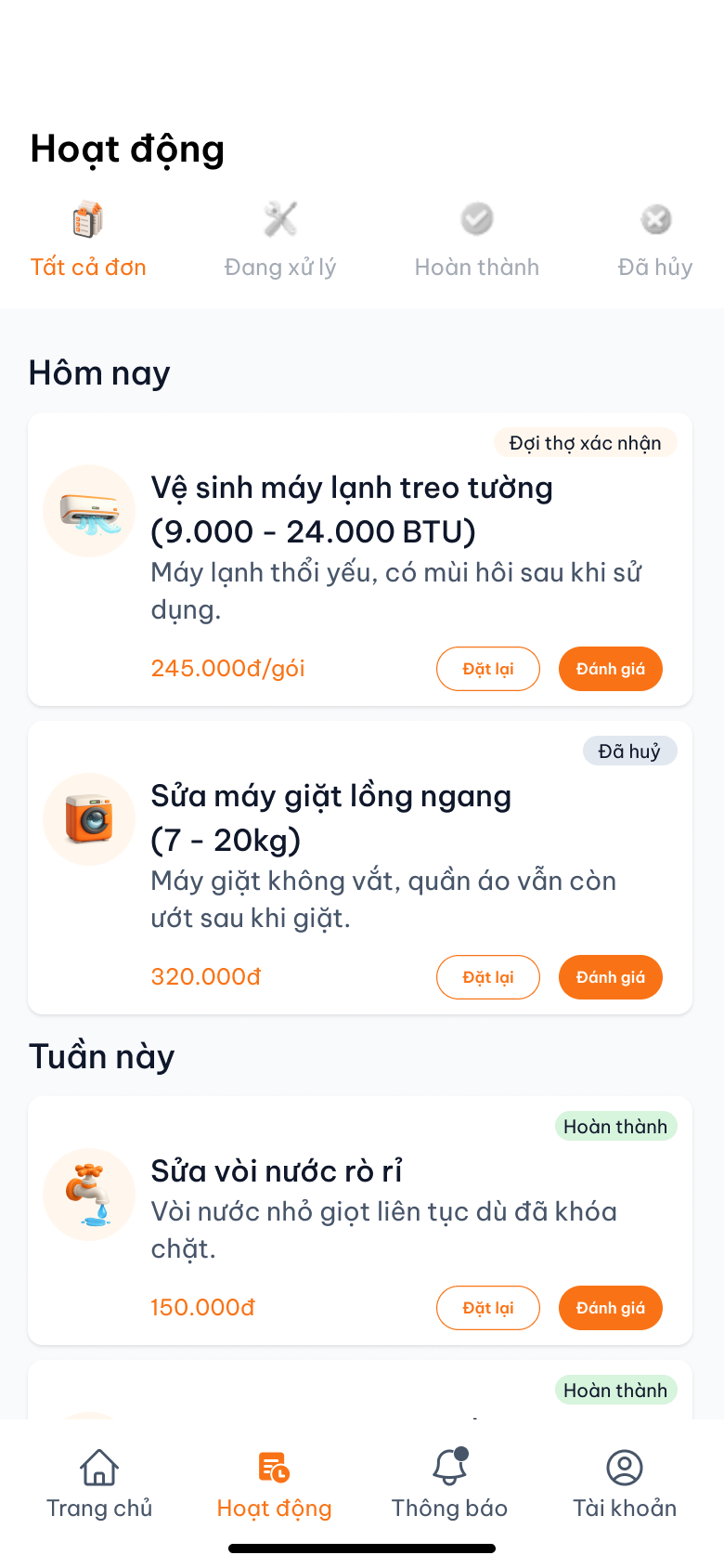 Màn hình quản lý hoạt động FIX NOW từ Figma