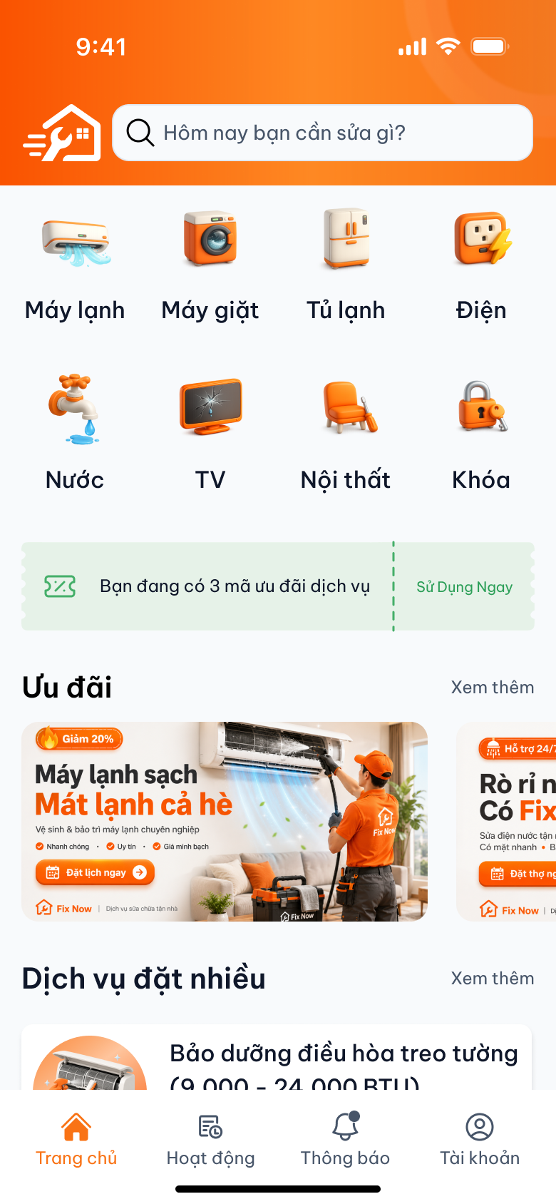 Màn hình trang chủ FIX NOW từ Figma