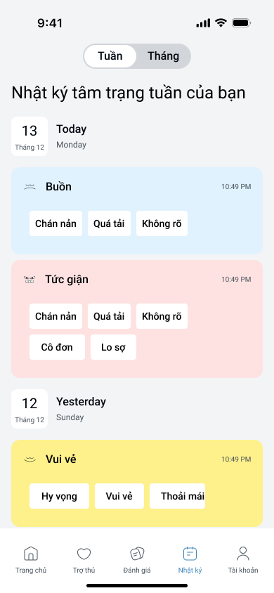 Màn hình nhật ký và lịch theo dõi cảm xúc trong ứng dụng Mood