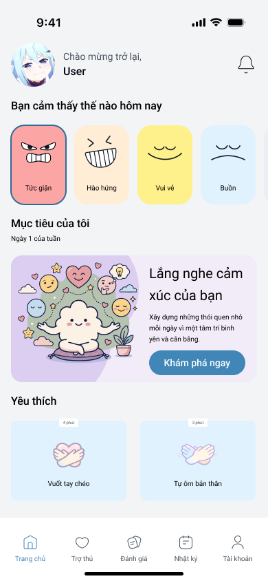 Trang chủ ứng dụng Mood với check-in cảm xúc và bài tập gợi ý