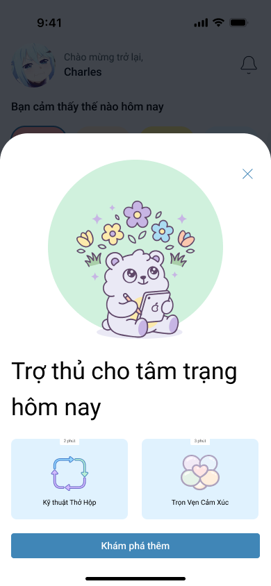 Màn hình đề xuất bài tập điều hòa cảm xúc trong ứng dụng Mood